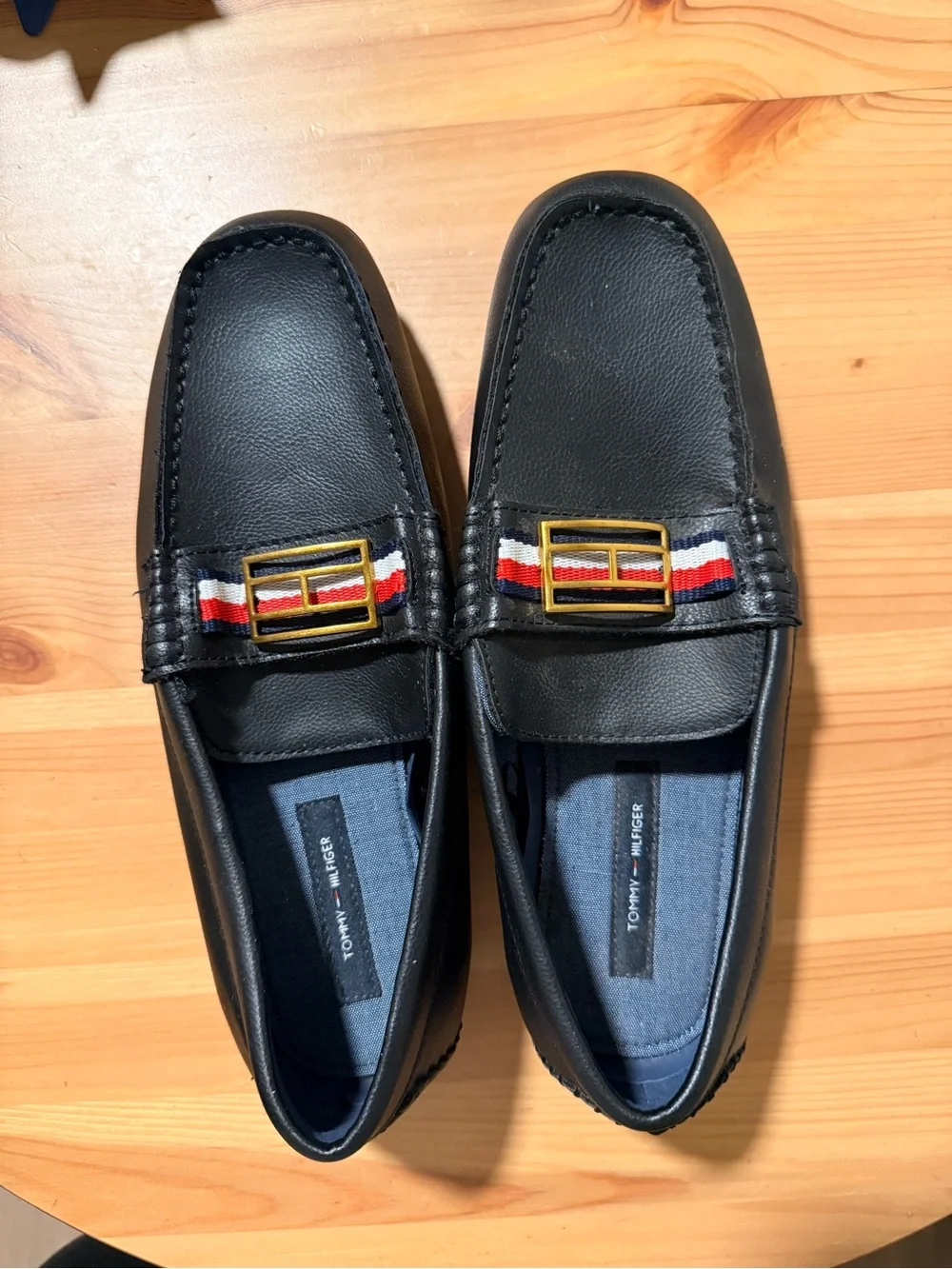 Tommy Hilfiger Black Faux Le Loafers with Red-White-Blue Ribbon and Gold Buckle